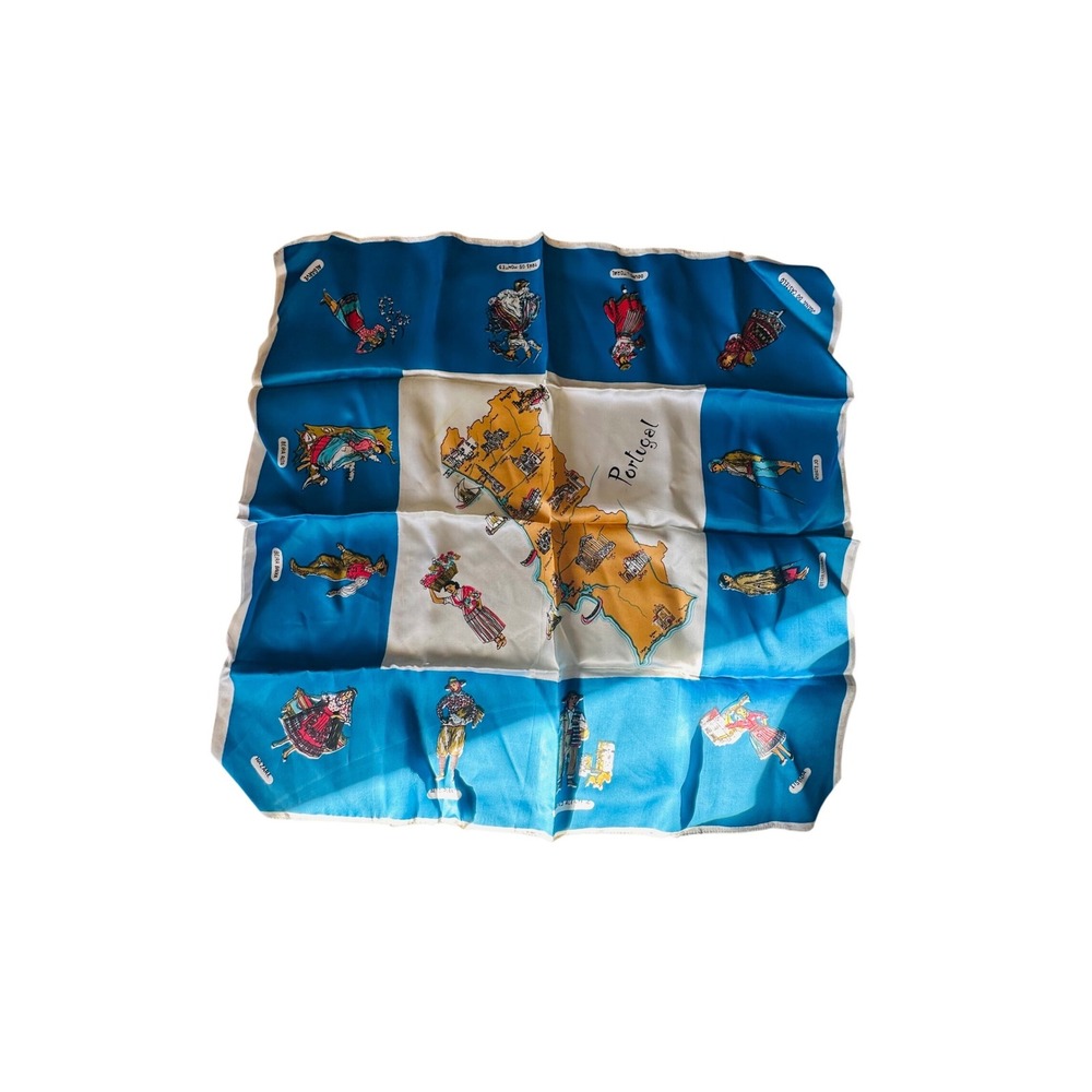 Blue & Cream Printed Silk Scarf with Cultural Motif